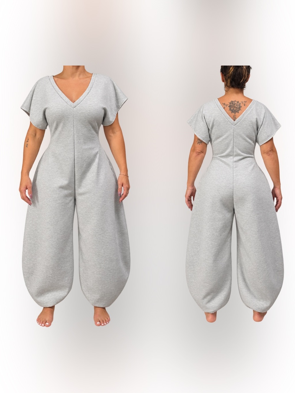 Cherry Mello New- No tag V-Neck Wide-Leg Grey Jumpsuit -Women's Casual One-Piece